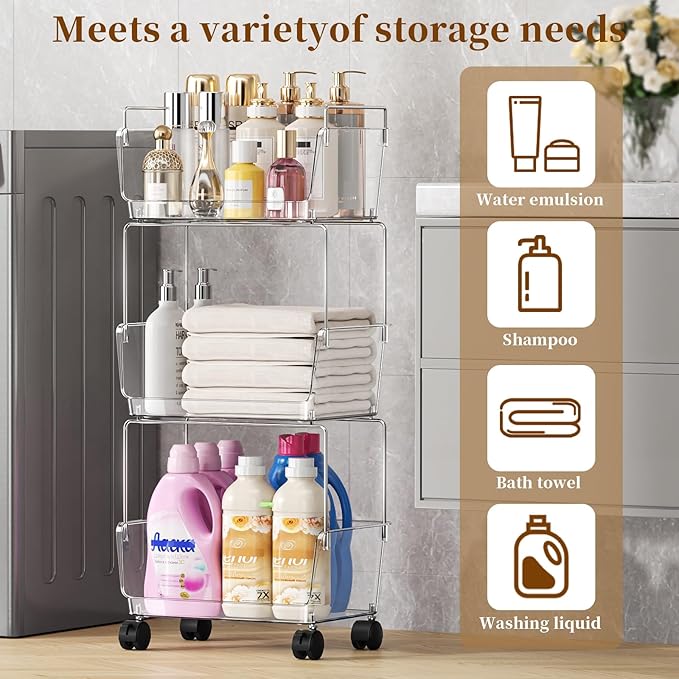 YCIA&DONE 3 Tier Rolling Storage Cart with Locking Wheels, Slim Narrow Organizer for Bathroom, Bedroom & Laundry, Clear Deep Bins, Sturdy Metal Frame, Easy Assembly Utility Trolley