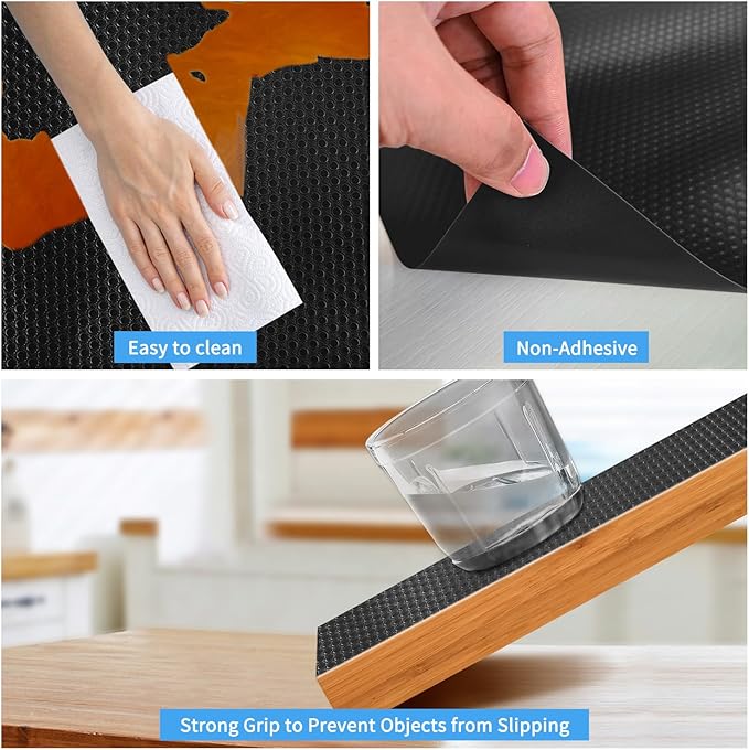 Bloss Non-Adhesive Shelf Liners - Waterproof & Oil-Proof EVA Kitchen Cupboard Liner, Black Drawer Mats, 17.7x177 Inch