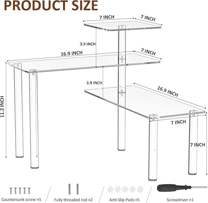 Clear Countertop Corner Organizer Shelf 16.9x16.9x15.6 inch, 3 Tier Acrylic Organizer Corner Shelf for Bathroom, Kitchen, Study Room, Spice Jars, Coffee Bar, Dresser Table, Books