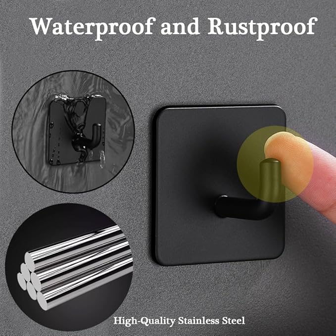 EDMILE Adhesive Hooks for Hanging, Self-Adhesive Wall Hook for Key Hat Coat, No Drill Stick on Bathroom Towel Hooks, Shower Kitchen Door Home Outdoor 8 Pack, Black