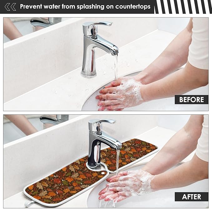 2 PCS Kitchen Sink Splash Guard 14.9 Inch Faucet Mat for Kitchen Sink Bathroom Sink Faucet Absorbing Drip Drain Mat Pad Microfiber Soft Washable Brown Autumn Maple Leaves