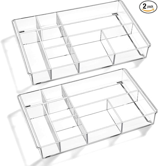 2Pcs 8-Section Clear Drawer Organizer, 13.7" x 8.7" x 2" Large Acrylic Drawer Divider Tray for Desk, Bathroom, Office, Makeup, Junk, Plastic Drawers Organiser Clear Makeup Tray Organizer
