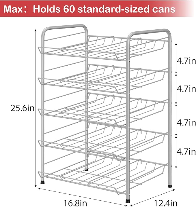 smusei 5-Tier Can Storage Organizer Pantry Shelf Holds up to 60 Cans of Can Holders for Pantry with 2 Metal Diversion Strips for Kitchen Canned Food and Drink Goods, Silver