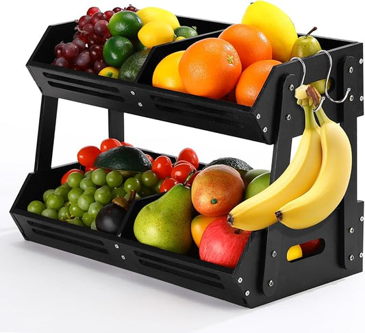2 Tier Fruit Basket for Kitchen Counter Fruit Storage Large Black Wood Vegetables Basket with Banana Hooks Bowl Stand Holder Snack Organizer Countertop Onion Bread Pantry