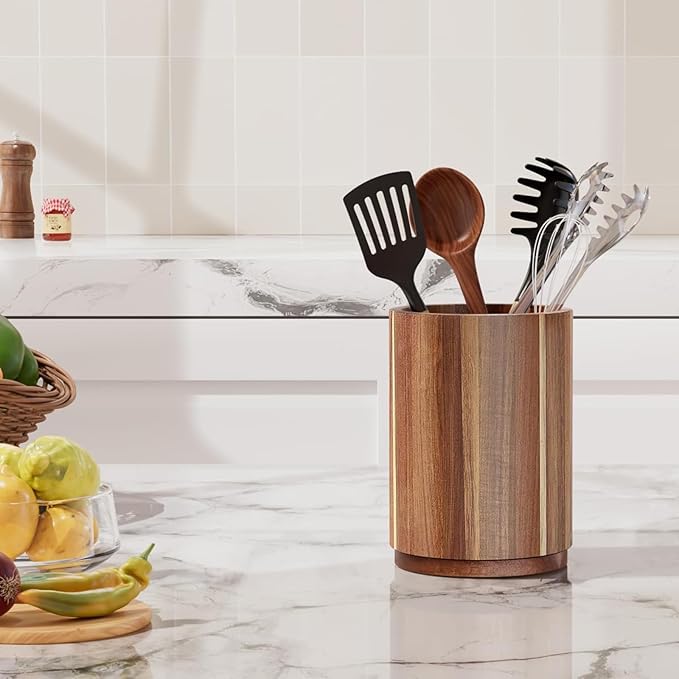 Acacia Wood Utensil Holder - 360° Rotating Countertop Organizer with Non-Slip Base, Large Capacity Kitchen Utensil Crock for Spatula, Spoon & Cooking Tools(2pcs)