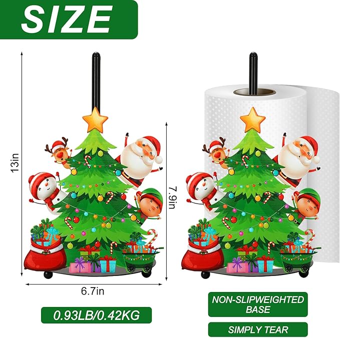 JarThenaAMCS Christmas Paper Towel Holder Xmas Tree Snowman Santa Claus Reindeer Kitchen Decor Accessories Large Metal Towel Holder Stand for Home Bathroom Countertop