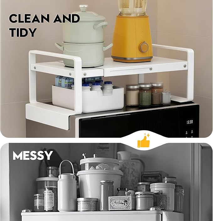 (17-31.5 inches) Adjustable Refrigerator or Washer Top Storage Rack - Expandable Organizer Shelf, L-Shaped Protective Card Slot Design for Kitchen, Laundry Room, Dorm -Durable Metal Space Saver-White