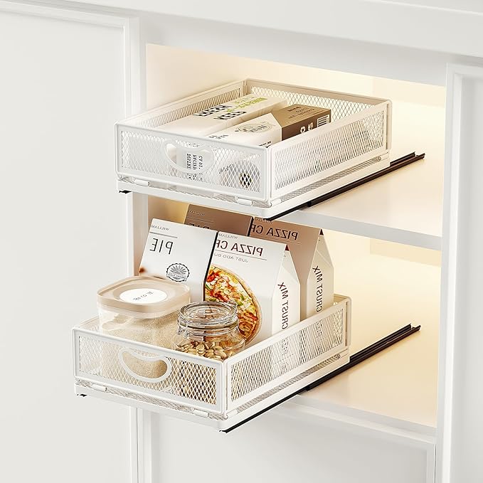 2 Pack Pull Out Cabinet Drawer,Metal Mesh Slide Out Shelves Organizer,Frameless Cabinets Suitable,Simple Housewares Pull Out Cabinet Sliding Basket (11.8" D*9.6" W*3.9" H)