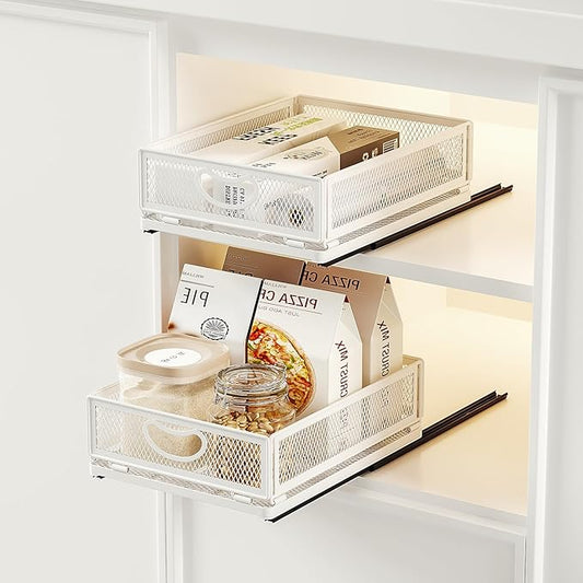 2 Pack Pull Out Cabinet Drawer,Metal Mesh Slide Out Shelves Organizer,Frameless Cabinets Suitable,Simple Housewares Pull Out Cabinet Sliding Basket (11.8" D*9.6" W*3.9" H)