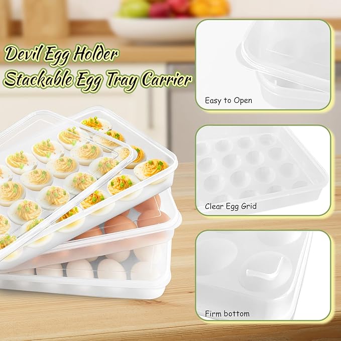 Anyumocz 3 Pcs Egg Holder for Refrigerator,Deviled Egg Containers with Lid,Plastic Stackable Clear Egg Tray Carrier for Kitchen,Keep Fresh(72 Eggs)