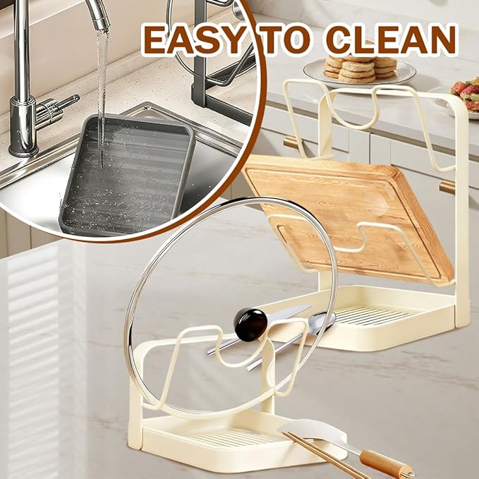 Kitchen Pot Lid Storage Rack, Pot Lid Holder for Countertop, Rust-Resistant Steel Lid Holder While Cooking, Multifunctional Spoon Rest with Removable Drip Tray (Beige, Double-layer)
