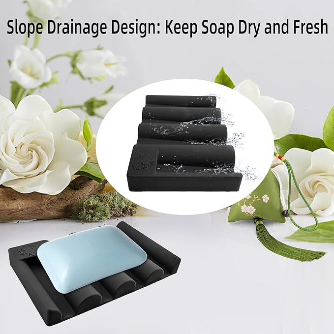 Silicone Soap Dish,Self Draining Soap Holder Perfect for Shower,Bathroom Sink,Kitchen Sink & Travel,Non-Slip Bar Soap Holder Extend Soap Life,Keep Soap Bars Dry Clean (Black-1Pcs)