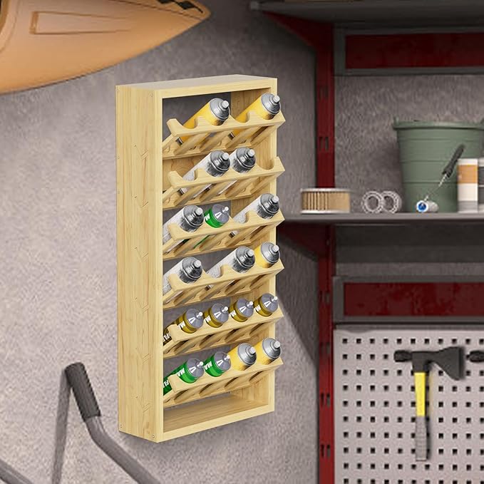24 Can Spray Paint or Lube Can Storage Holder Rack,Wall Mount 6-tier Aerosol Spray Paint Bottle Wooden Organizer for Garage and Home Craft Workspace 14.2" (L) x 5" (W) x 30" (H)