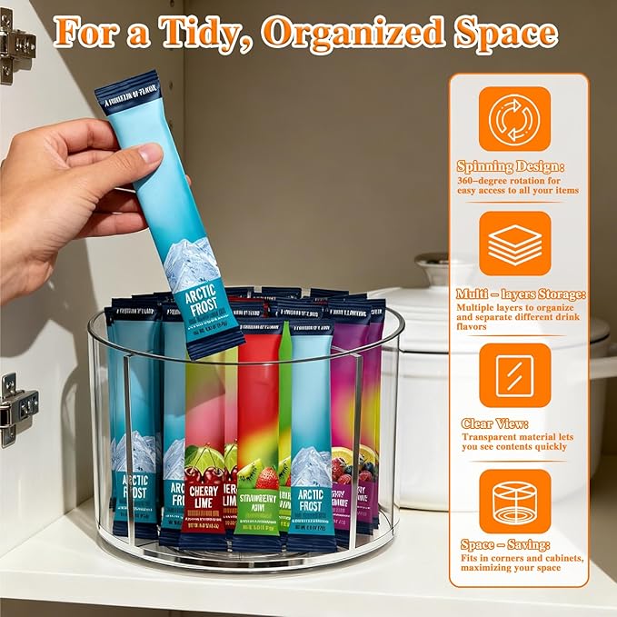 Drink Packet Organizer with 4 Dividers, 360° Rotating Clear Acrylic Lazy Susan for Powdered Drink Mixes, Coffee Pods & Kitchen Pantry Organization