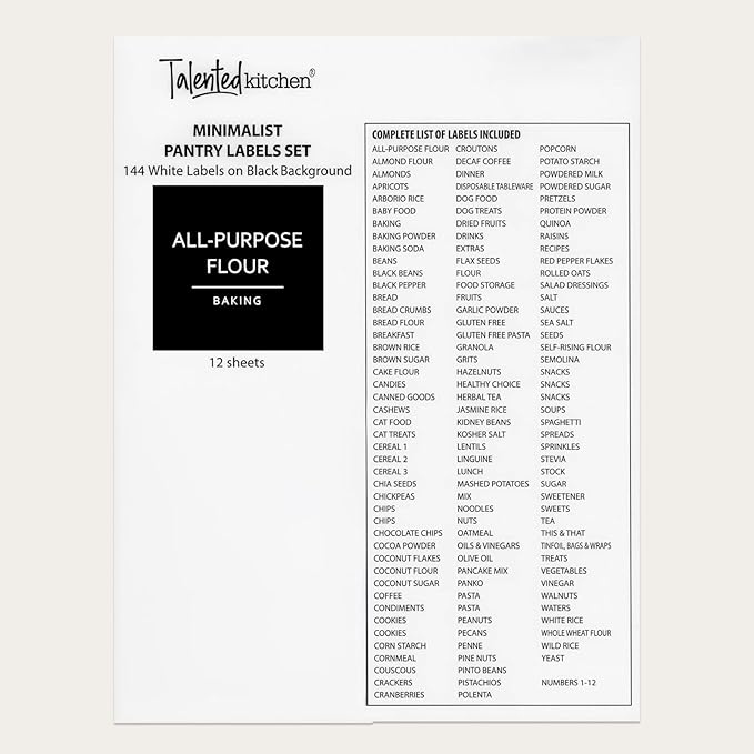 Talented Kitchen 144 Minimalist Pantry Labels – Preprinted White All-Caps on Matte Black Vinyl Stickers, Water-Resistant Adhesive Labels for Kitchen, Jars, Containers, Spices & Pantry Organization