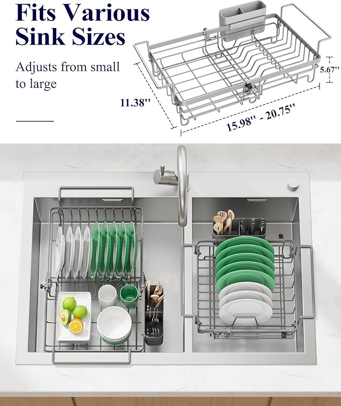 Kitsure Dish Drying Rack – Expandable in-Sink or Over-Sink Dish Rack for Kitchen Counter, Rust-Resistant Metal Dish Strainer with Cutlery Holder, 16.0"-20.7" L x 11.4" W x 5.7" H, Grey