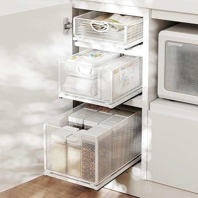 2 Pack Pull Out Cabinet Drawer,Metal Mesh Slide Out Shelves Organizer,Frameless Cabinets Suitable,Simple Housewares Pull Out Cabinet Sliding Basket (15.7" D*9.6" W*3.9" H)