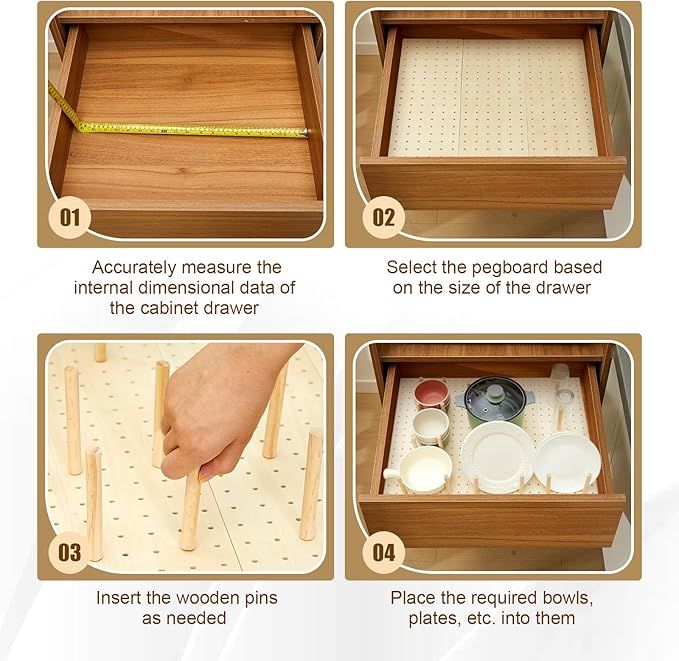 Kigley 6 Pcs Wood Pegboard Drawer Organizer with 48 Pegs Wood Peg Board System Peg Drawer Organizers for Kitchen Dishes Plate Pegboard Food Containers(17x5.91,Wood)