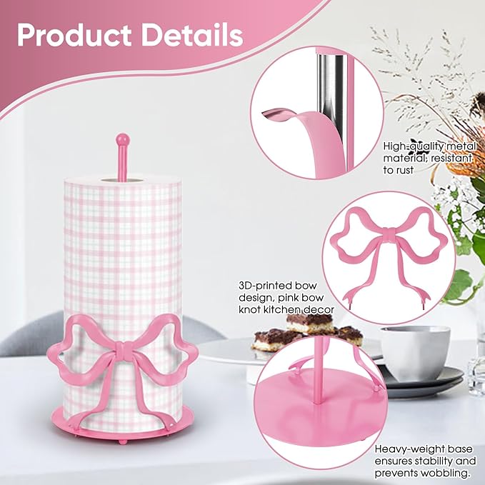 Pink Bow Paper Towel Holder, Cute Paper Towel Roll Holder, 3D Printed Standing Paper Towel Holder for Kitchen Countertops Bathroom with Weighted Base, Kitchen Decor Accessories Gift (Round/Pink Bow)