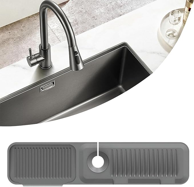 MOODKEY Kitchen Sink Splash Guard Silicone Faucet Handle Drip Catcher Tray Sink Protector for Kitchen Sink Sponge Holder for Kitchen Sink Faucet Mat Fits Faucet Tube within 2.5" (dark grey, 24'')