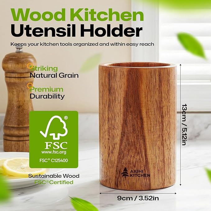 AIUHI Wood Utensil Holder for Kitchen Counter, Wooden Utensil Crock, Kitchen Utensil Organizer, 5.1"x 3.5" Large Spatula and Spoon Holders
