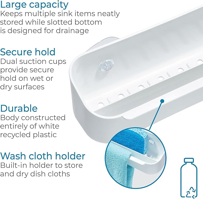 iDesign Suction Kitchen Sink Caddy Sponge Holder with Dishcloth Bar - White