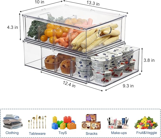 Bronkeeper Fridge Drawer Pull Out Stackable Bins, Clear Refrigerator Stackable Organizers, Fridge Organizer Storage for Kitchen, Pantry, Vegetables, Fruits (2 Large)