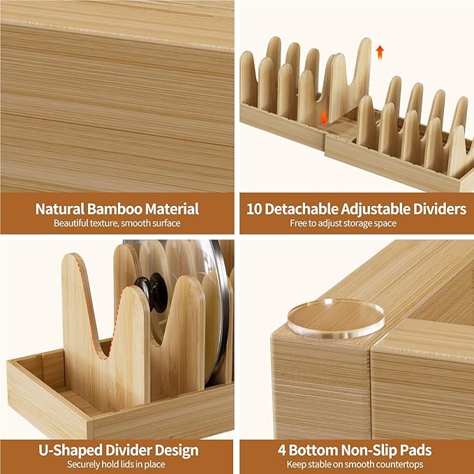 Housolution Bamboo Pot and Pan Organizer for Cabinet, 15"-29" Expandable Pot Lid Organizer with 10 Adjustable Dividers, Pan Holder Storage Rack for Cutting Board, Baking Tray and Cookie Sheet