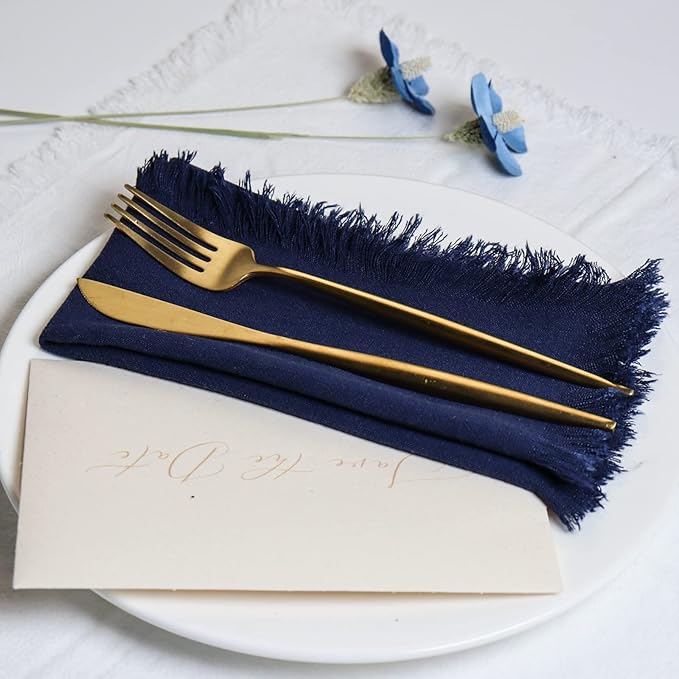 Handmade Cloth Napkins with Fringe,18 x 18 Inches Cotton Linen Napkins Set of 6 Versatile Handmade Square Rustic Fringe Napkins for Dinner, Wedding and Parties, Navy Blue