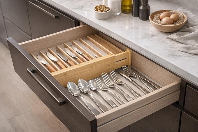 Bamboo Adjustable Drawer Divider, Expandable Drawer Organizer Insert, Non Slip Kitchen Utensil Closet Storage Separator (Natural)