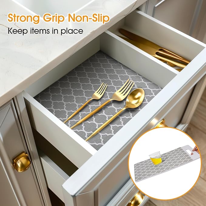 Shinlendid Shelf and Drawer Liner for Kitchen Cabinets Non-Adhesive, Strong Grip Non-Slip Thickened Cabinet Liners for Shelves, Waterproof Mats for Dresser Cupboard, Gray, 17 in x 10 Feet