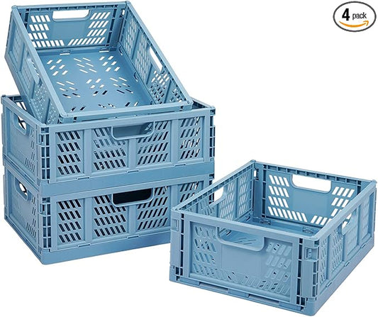 Plastic Drawer Organizer Collapsible Storage Boxes Crate,4-Pack Stackable Folding Storage Basket Closet Containers Toy Organiser for Home Office Bedroom Kitchen Drawer Pull Out Under Bed-Blue