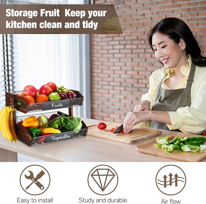 2 Tier Fruit Basket for Kitchen Counter Organizer with Banana Hangers Wooden Fruit Basket Kitchen Counter Storage Holder for Onion Potato Bread Vegetable Organize(15.75 x 11.8 x 10.6 Inches)