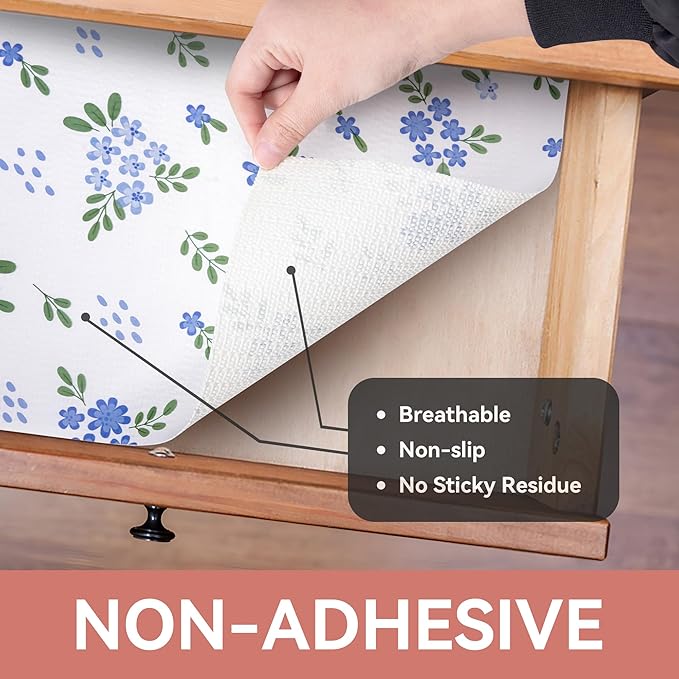 RAY STAR Shelf Liner, 20 Inch x 72 Inch Non Adhesive Blue Floral Kitchen Cabinet Liner for Pantry Drawer Vanity, Strong Grip Non Slip Waterproof, Shelf Liners for Kitchen Cabinets Cupboard