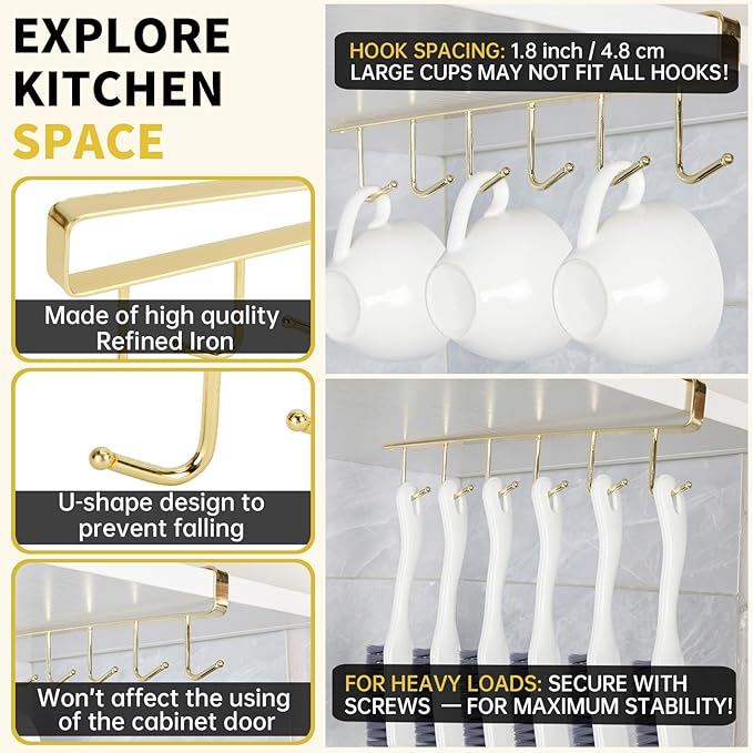 2pcs Mug Organizer for Kitchen Cabinets,Under-Shelf Coffee Cup Mug Rack with 6 Hooks,Fit for 1.1 Inch Thickness Shelf or Less,Suitable for Holder Hanger for Cups/Keys Storage/Scarf.Gold