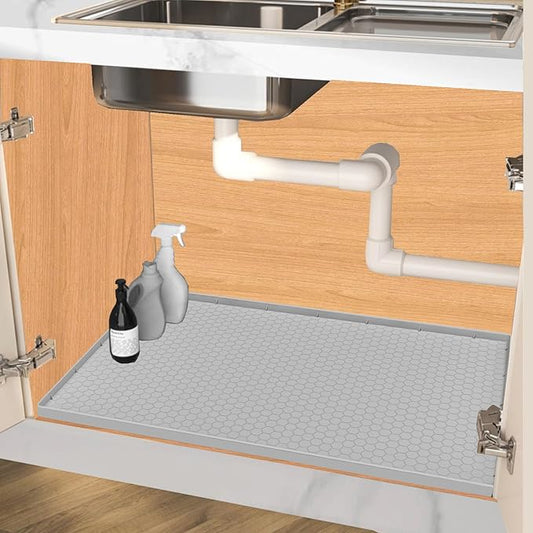 Jacooxi Under Sink Mat 22 x 19, Silicone Under Sink Protector Mat for Kitchen Waterproof, Easy to Clean Bathroom Cabinet Mat Organizers and Storage, Light Grey