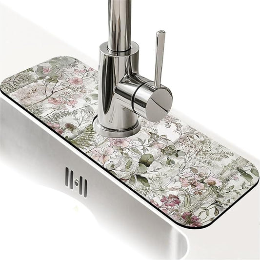 Kitchen Sink Splash Guard，Elegant-forest with flowers Faucet Mat Sink Gadgets-Super Absorbent Fast Drying Mat Drip Catcher for Kitchen, Bathroom,Sink Mat, Dish Drying Mat, Bathroom(15" X 5.5" )