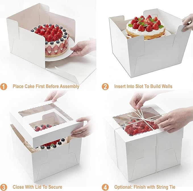 BOARDS+ 12 Inch Cake Boxes with Clear Window (10 Pack) – Sturdy Cardboard, Easy to Assemble, Disposable Cake Carriers for Weddings, Birthdays, and Special Occasions (12x12x12 Inches)