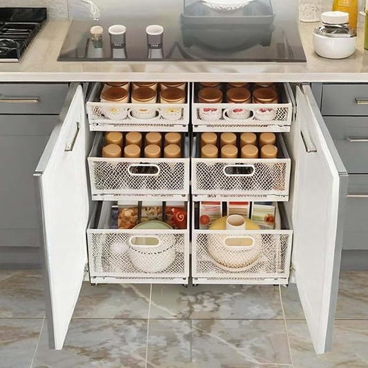 Slide-Out Storage Baskets W9.4"xD11.8"xH6.1" Rustproof Carbon Steel pull out Organizers with Super Strong Adhesive for Home Kitchen Drawers, Shelves, Cabinets