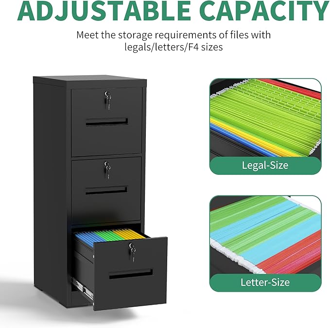 File Cabinet 3 Drawer with Lock, Vertical Filing Cabinets for Home Office, Metal Steel Storage Cabinet for Letter/Legal Size File, Assembly Required(Black)