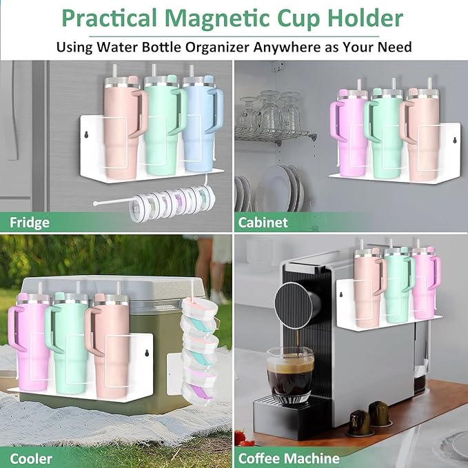 Magnetic Cup Holder for Fridge Water Bottle Organizer for Cabinet, 2Pcs Magnetic Cup Holder Heavy Duty with Tumbler Lid Organizer for 20oz 30oz 40oz Cup Accessories Storage (White)