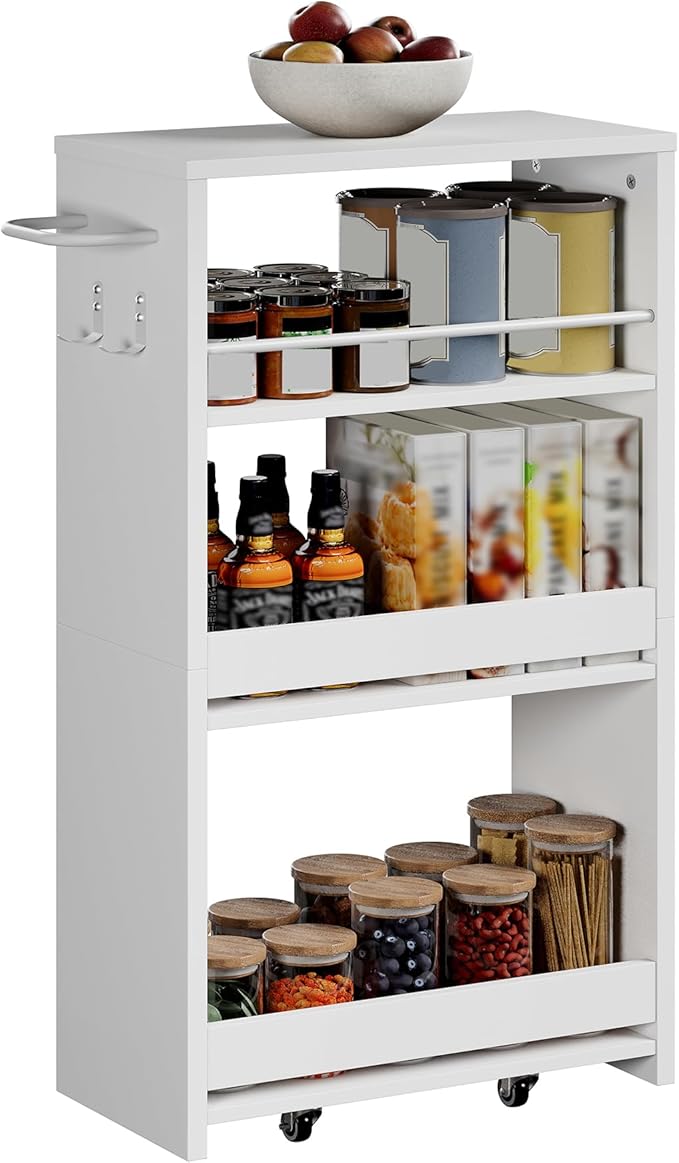 ChooChoo 4-Tier Bathroom Storage Cart, 7.87 inches Wide Narrow Storage Cabinet with 360° Wheels and 2 Hooks, Laundry Room Storage Organizer for Kitchen, Narrow Places, Living Room, White