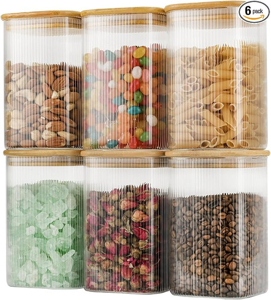 37oz Airtight Glass Square Storage Canisters with Bamboo Lids Set of 6 (1100ml) Striped Stackable Containers, Decorative Kitchen Jars for Tea, Nuts and Coffee (‎with Black Lable)