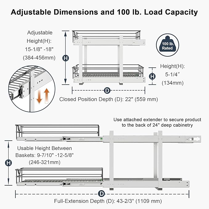 2 Tier Pull Out Cabinet Organizer - 11" W x 22" D Soft Close Slide Out Shelves with Shelf Liners - Pullout Drawers for Kitchen Cabinets, Pantry, Bathroom, Heavy Duty Steel Wire Baskets
