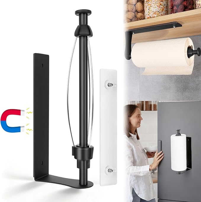 Magnetic Paper Towel Holder with Adjustable Damping, One Hand Tear, Smooth Tension Control, Strong Magnet & Self Adhesive Wall Mount, No Drilling for Kitchen, Fridge, RV, Garage, Grill (Black)