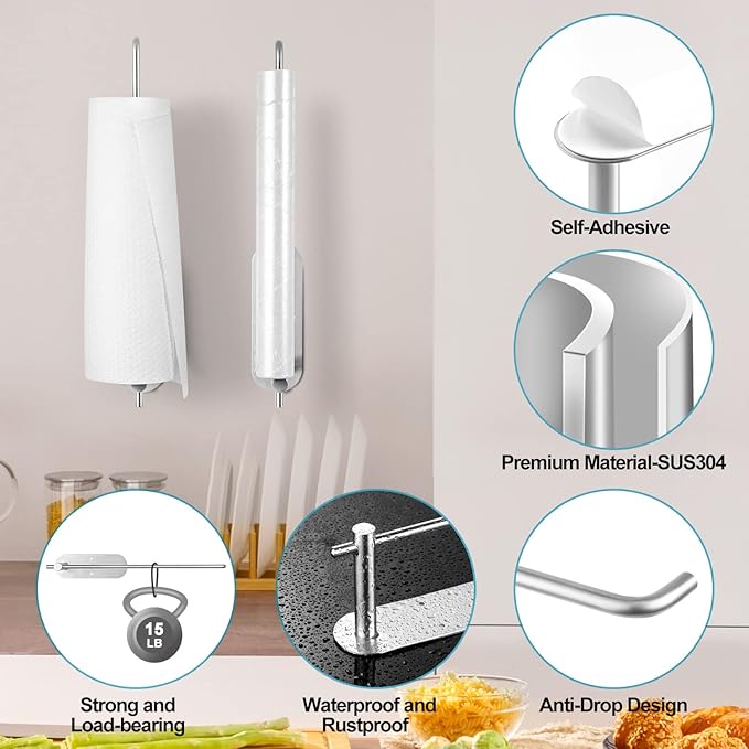 Paper Towel Holder Under Kitchen Cabinet - Self Adhesive or Drilling Paper Towel Holder Stick on Wall for Kitchen, Bathroom, Cabinets, SUS304 Stainless Steel - Silver