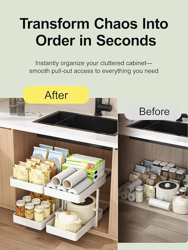 2 Tier Pull Out Cabinet Organizer with Sliding Basket Bathroom Cabinet Organizer, Bathroom Kitchen Multi-Purpose Under Sink Organizer and Storage Cabinet in Metal 1 pack