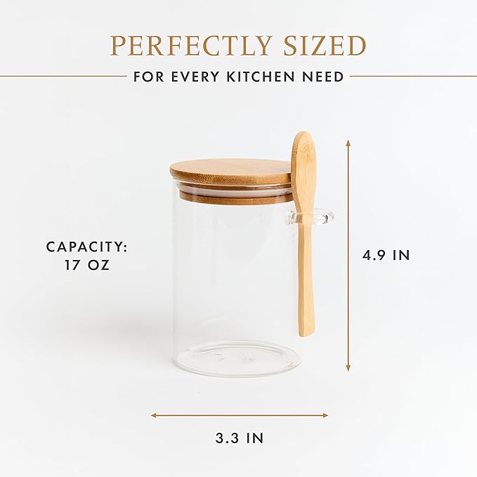 Set of 4 Glass Pantry Storage Containers with lids (17oz) – Glass Sugar Container with Spoon perfect for -Tea, Coffee, Sugar, Spices & More – Stylish Kitchen Food Storage Containers