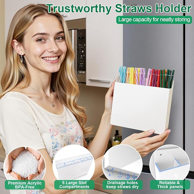 Acrylic Straw Holder for Cabinet Door, White Front Panel Straws Organizer with Adhesive or Magnetic Mount, Reusable Straw Storage Container for Kitchen, Cupboard, Bar Counter – 1 Pack