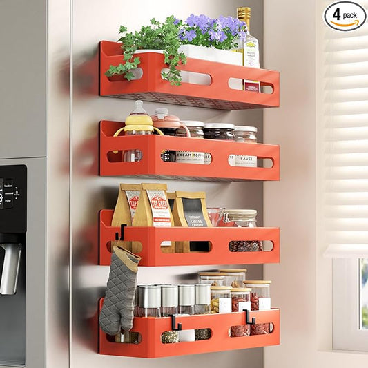 4 Pack Strong Magnetic Spice Rack for Refrigerator, Multipurpose Magnetic Shelf for Fridge with 4 Hooks for kitchen and Bathroom Organization, Orange